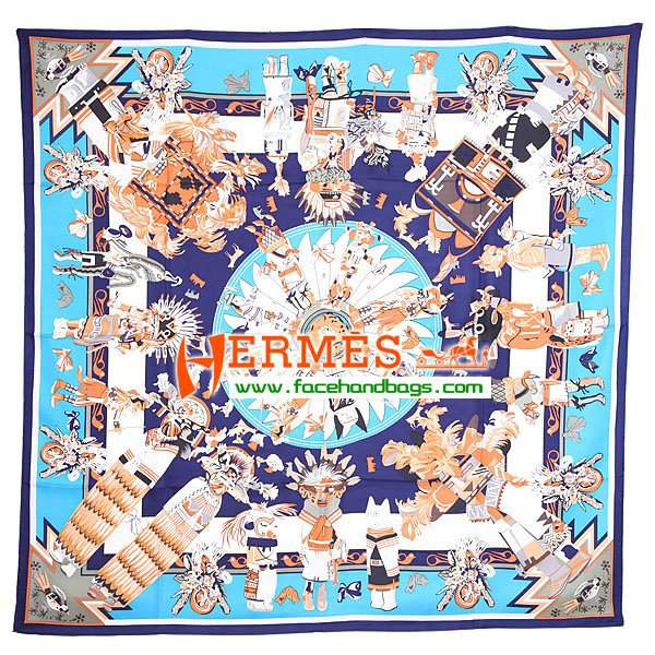 Hermes 100% Silk Square Scarf blue HESISS 130 x 130 - Click Image to Close